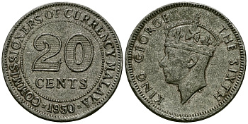 Малайя 20 центов 1950 король Георг VI (1937 - 1952) KM 9 медно-никель 4167-833