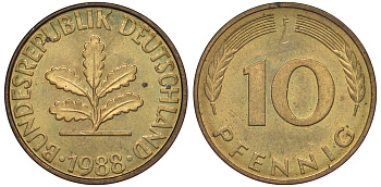 ФРГ 10 пфеннигов 1988 F KM 108, J 383 сталь плакированная латунью 25-1823