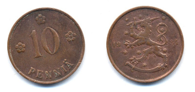 Финляндия 10 пенни 1934 республика (1918-1962) KM 24 медь 51-5424