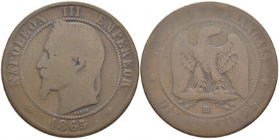 ФРАНЦИЯ 10 САНТИМОВ 1865 BB, НАПОЛЕОН III (1852-1870) KM 798.2, LA FRANC 134.15 бронза 114-1223