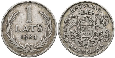 Латвия 1 лат 1924 Первая республика (1918-1939) KM 7 серебро 27-1222