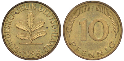 ФРГ 10 пфеннигов 1988 F KM 108, J 383 сталь плакированная латунью 25-1823