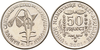 Валютное сообщество стран Западной Африки 50 франков 2001  KM 6 медно-никель  UNC  4595-741