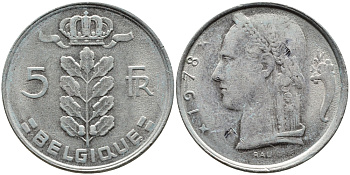 БЕЛЬГИЯ 5 ФРАНКОВ 1978 BELGIQUE KM 134.1 медно-никель 63-713