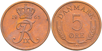 ДАНИЯ 5 ЭРЕ 1965 C; S, ФРЕДЕРИК IX (1947-1972) KM 848.1 бронза UNC 106-214