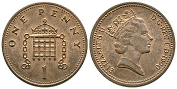 Великобритания 1 пенни 1990 Елизавета II (1952-2022) KM 935, Spink 4381 (B3) бронза 3999-647