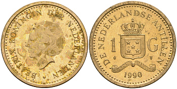 Нидерландские Антилы 1 гульден 1991 Беатрикс (1980-2013) KM 37 позолоченная сталь 4364-1832