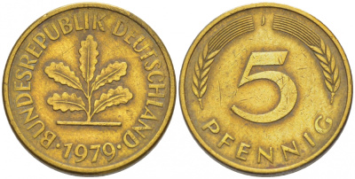 ФРГ 5 ПФЕННИГОВ 1979 J KM 107, J.382 сталь плакированная латунью 4396-1643