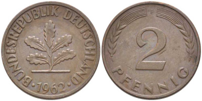 ФРГ 2 ПФЕННИГА 1962 F KM 106, J. 381 бронза 116-317