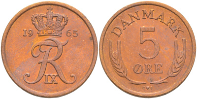 ДАНИЯ 5 ЭРЕ 1965 C; S, ФРЕДЕРИК IX (1947-1972) KM 848.1 бронза UNC 106-214