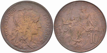 Франция 10 сантимов 1917 тип Даниэль Дюпюи KM 843, LA FRANC 136.29 бронза 109-431