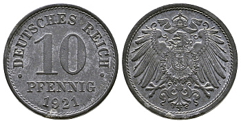 ГЕРМАНИЯ 10 ПФЕННИГОВ 1921 KM 26, J. 299 цинк 4380-236