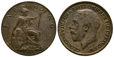 Великобритания 1 фартинг 1919 Георг V (1910-1936) KM 808.2 Spink 4060 бронза 4384-1257