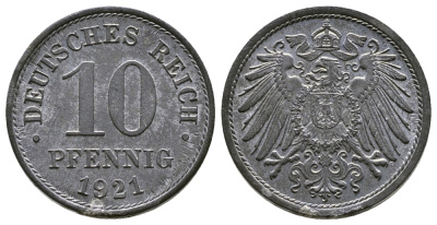 ГЕРМАНИЯ 10 ПФЕННИГОВ 1921 KM 26, J. 299 цинк 4380-236