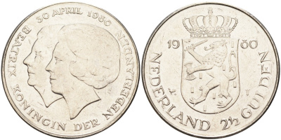Нидерланды 2 1/2 гульдена 1980 коронация Беатрикс, 30 апреля 1980 KM 201 никель 4590-726