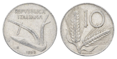 Италия 10 лир 1953 R, плуг, колосья KM 93 алюминий 4704-524