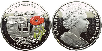 Остров Вознесения 1 крона 2014 в память героев первой мировой войны, кладбище, красный мак KM NEW медно-никель, эмаль PROOF 1071-4-63