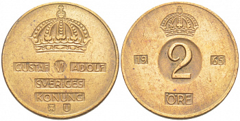 Швеция 2 эре 1965 U, Густав VI Адольф (1950-1973) КМ 821 бронза 77-515
