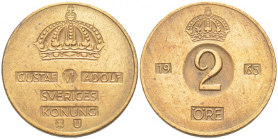 Швеция 2 эре 1965 U, Густав VI Адольф (1950-1973) КМ 821 бронза 77-515