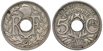 Франция 5 сантимов 1925 KM 875, Le Franc 122.10 медно-никель 4124-324