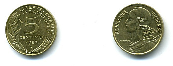ФРАНЦИЯ 5 САНТИМОВ 1987 ТИП MARIANNE KM 933 медь алюминий никель 59-1135