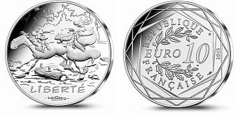 Франция 10 евро 2015 серия Астерикс и свобода, Астерикс и Обеликс скачут на лошадях, в оригинальном буклете KM NEW серебро UNC 1-4-3-24