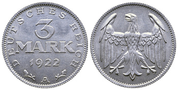 ГЕРМАНИЯ 3 МАРКИ 1922 А KM 28, J. 302 алюминий 4380-723