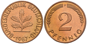 ФРГ 2 пфеннига 1967 F KM 106, J.381 бронза PROOF 1094-7-72