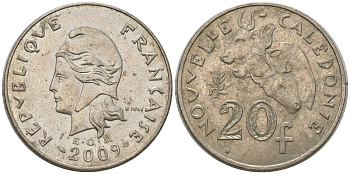 Французская Новая Каледония 20 франков 2009 три быка, (IEOM) KM 12a, Schoen 14a медно-никель 4131-1246