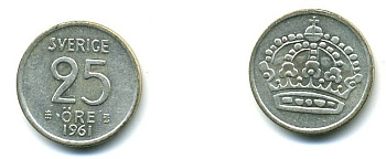 Швеция 25 эре 1961 TS, Густав VI Адольф (1950-1973) KM 824 серебро 59-325