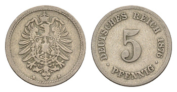 Германия 5 пфеннигов 1876 B, Вильгельм I (1871-1888) KM 3, J. 3, Weege 5 медно-никель 4639-1249