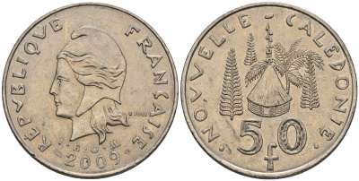 Французская Новая Каледония 50 франков 2009 хижина среди сосен и пальм, (IEOM) KM 13a, Schoen 15a, Lec 128i медно-никель 4111-914