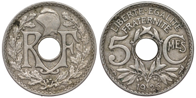 Франция 5 сантимов 1925 KM 875, Le Franc 122.10 медно-никель 4124-324