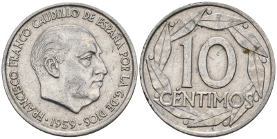 Испания 10 сентимо 1959 Франсиско Франко (1939-1975) KM 790 алюминий    4152-1117