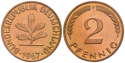 ФРГ 2 пфеннига 1967 F KM 106, J.381 бронза PROOF 1094-7-72