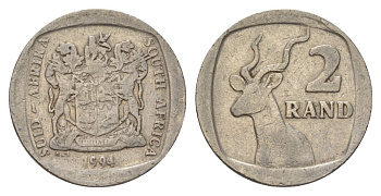 ЮАР 2 ранда 1994 редкий год, тираж - 994.000 экземпляров KM 139 медь плакированная никелем 4626-1146