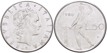 ИТАЛИЯ 50 ЛИР 1980 R, КУЗНЕЦ KM 95.1 нержавеющая сталь 4523-712