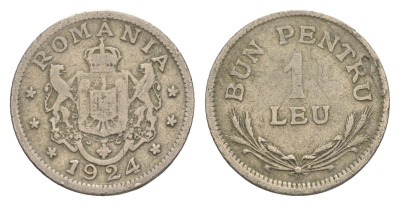 Румыния 1 лей 1924 Фердинанд I (1914-1927) KM 46 медно-никель 4620-1113