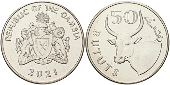 Гамбия 50 бутутов 2021 бык KM 58 a никелированная сталь  UNC  M27-06