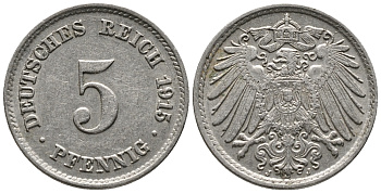 Германия 5 пфеннигов 1915 J KM 11, J. 12 медно-никель 39-816