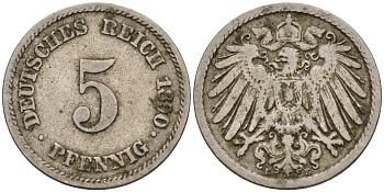 Германия 5 пфеннигов 1890 E KM 11, J. 12 медно-никель 4151-364