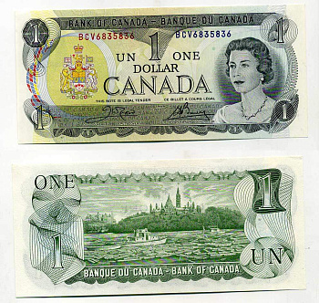 Канада 1 доллар 1973 Елизавета II (1952-2022), здание парламента на реке Оттава, Crow-Bouey Pick 85 c бумага UNC (пресс) 6293-35-1-1