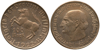 Вестфалия 100 марок 1922 Funck 645.1, Men18 33512.6 томпак aUNC 4610-447