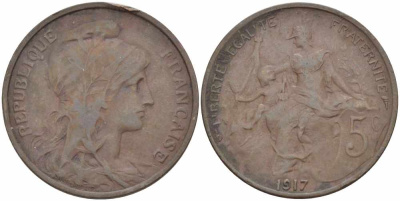 ФРАНЦИЯ 5 САНТИМОВ 1917 ТИП ДАНИЭЛЬ ДЮПЮИ KM 842, LE FRANC 119.30 бронза 108-1022