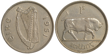 ИРЛАНДИЯ 1 ШИЛЛИНГ 1951 БЫК KM 14a медно-никель 4390-315
