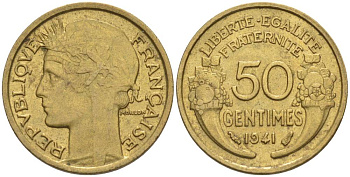 ФРАНЦИЯ 50 САНТИМОВ 1941 ТИП MORLON KM 894.1, LE FRANC 192.18 алюминиевая бронза 44-638