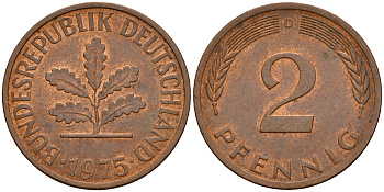 ФРГ 2 пфеннига 1975 D J.381a, KM 106a сталь плакированная медью    4598-824