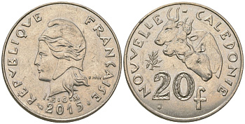 Французская Новая Каледония 20 франков 2015 три быка, (IEOM) KM 12a, Schoen 14a, Lec 115j медно-никель 84-1144