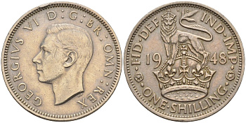 Великобритания 1 шиллинг 1948 Георг VI (1936-1952), Английский шиллинг KM 863, Spink 4103 медно-никель 4153-853