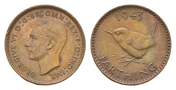 Великобритания 1 фартинг 1943 Георг VI (1936-1952) KM 843, Spink 4116 бронза 4664-346